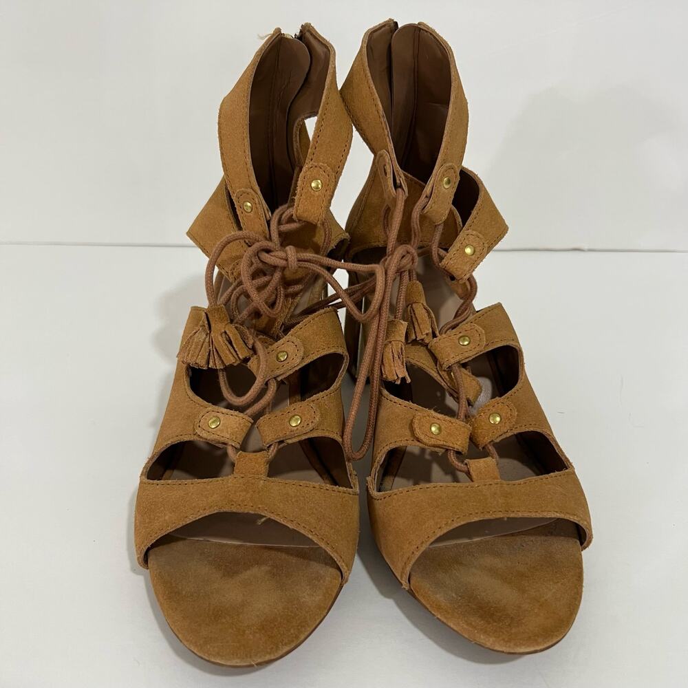 Stradivarius Lace Up Block Heels Camel Brown & Go… - image 3